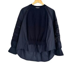 Huckleberry Blouse Eyelet with Knit Navy Blue Long Sleeve Size L